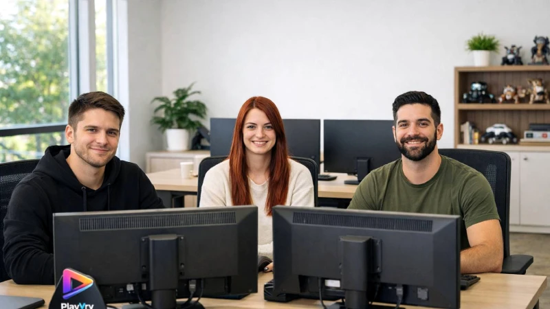 Tres trabajadores en la oficina de trabajo de PlayVry