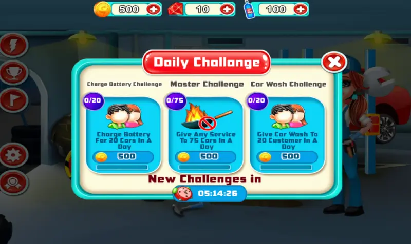 Interfaz de los desafíos diarios del juego Car Garage Tycoon