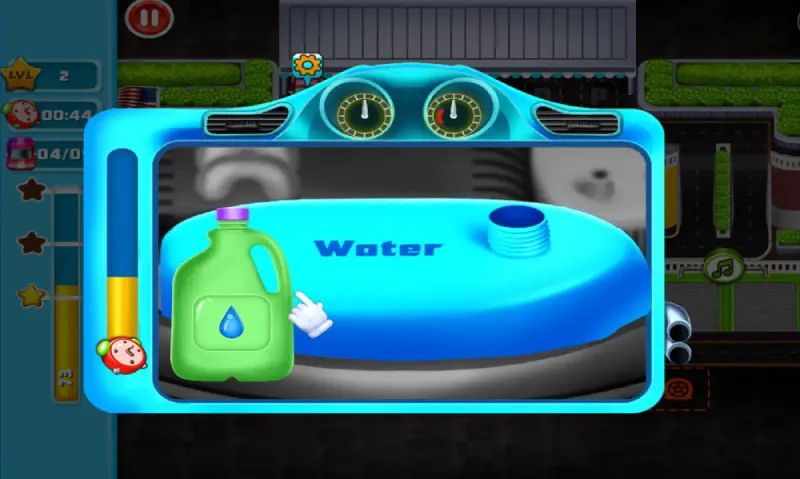 Un minijuego de Car Garage Tycoon para añadir agua refrigerante al vehículo.