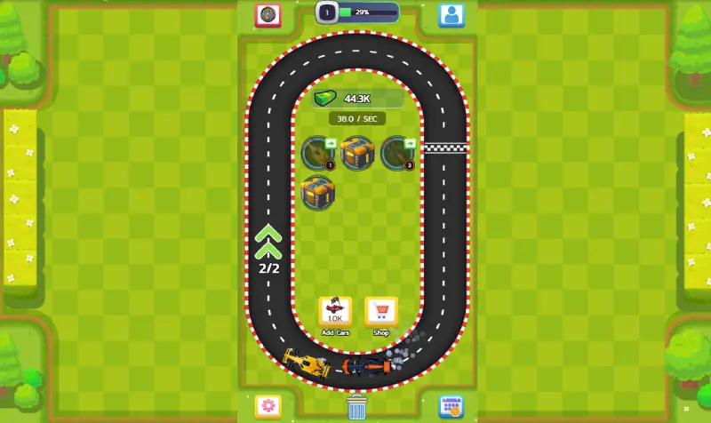 Interfaz del juego Idle Merge Car and Race, un juego de coches y de gestión.