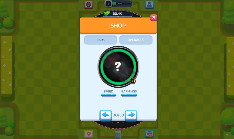 Coche nivel 30 pendiente de desbloquear en el juego Idle Merge Car and Race.