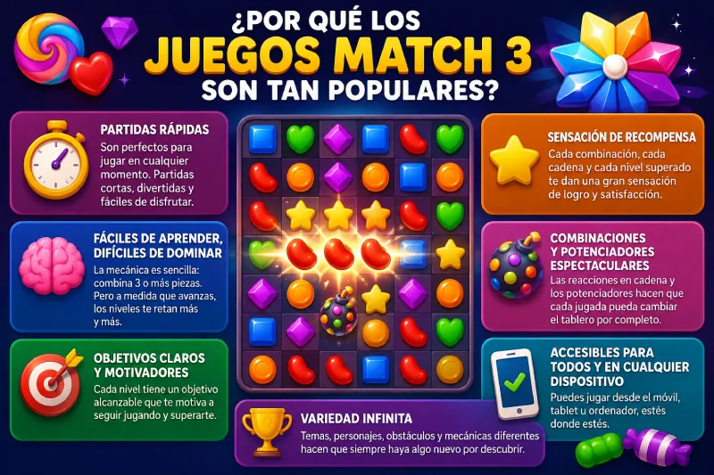 Infografía sobre por qué los juegos match 3 son tan populares.