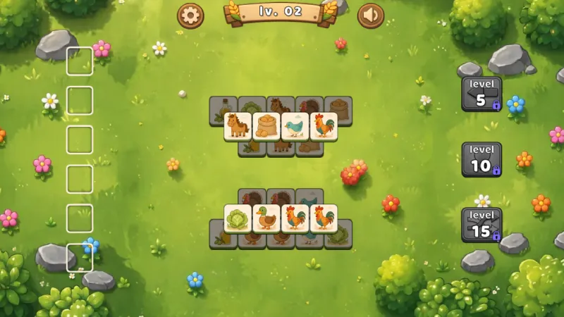 El juego Mahjong Build Farm tiene seis huecos para agrupar las fichas iguales.