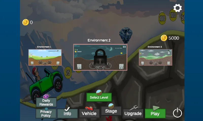 Diferentes tramos del juego Hill Car Climb Mountain Hill Racing.